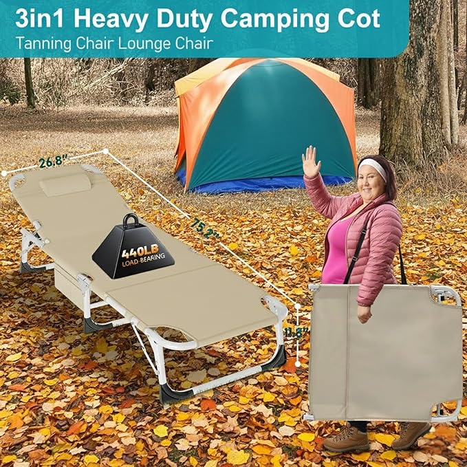 ABORON 3 in 1 Sun Tanning Chair Oversized with Mat&Face Arm Hole, Heavy Duty Folding Chaise Lounge Chairs, 5-Position Outdoor Lounge Chair/Pillow, for Beach, Pool, Lawn, Yard, Patio
