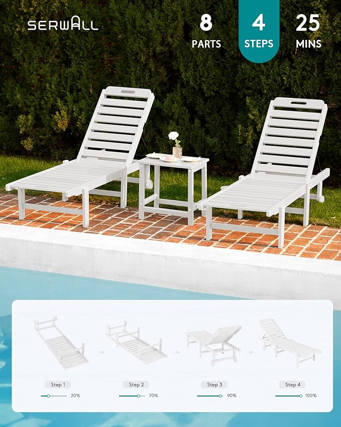 SERWALL Outdoor Chaise Lounge Set of 6, HDPE Pool Lounge Chair with 5-Position Adjustable Backrest, Patio Lounger with Rolling Wheels & Cup Holder for Pool, White