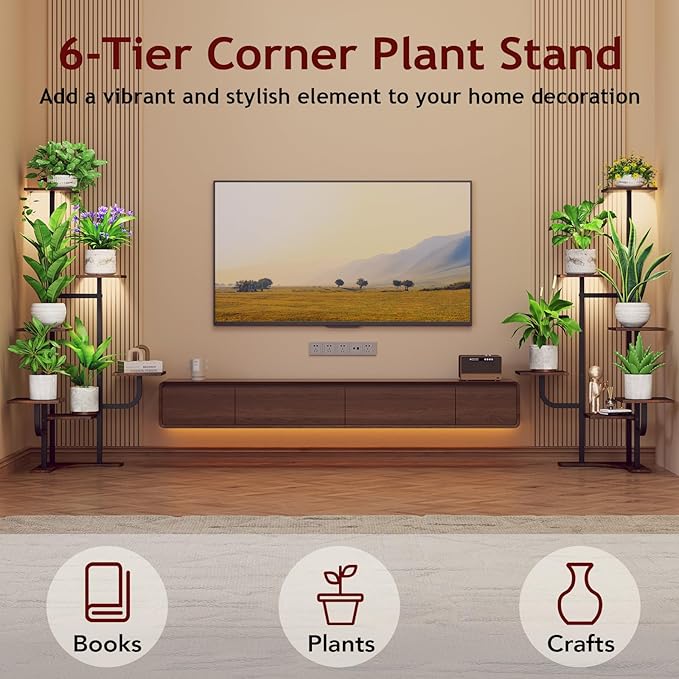 Corner Plant Stand with Grow Light - 6 Tier Plant Stand Indoor Square Metal Plant Shelf with Adjustable Light, Plant Organizer for Living Room, Graden, Home Decor (Brown)