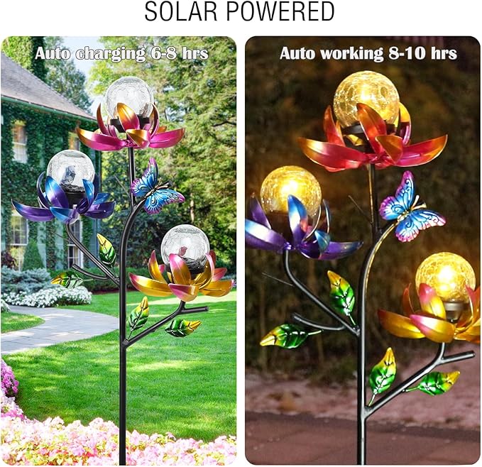 Solar Lights Outdoor Decorative Lotus Flowers Wind Spinner Garden Stake with LED Crackle Balls Solar Wind Sculpture Yard Art Decor for Patio, Lawn & Garden