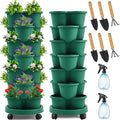 Umigy 2 Set Dark Green 7 Tier Stackable Vertical Planters with Removable Wheels and Tools Tower Planters Strawberry Herb Flower Vegetable Pots Indoor Outdoor Gardening Pots