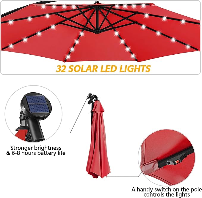 Yaheetech 10FT Solar Offset Umbrella with 32 LED Lights Cantilever Hanging Outdoor Umbrellas Handy Crank & Cross Base for Lawn/Deck/Backyard/Pool Red