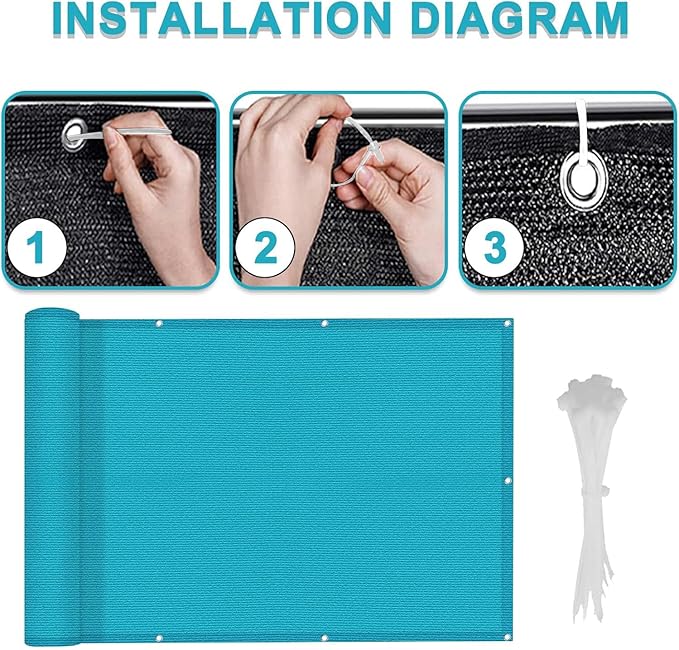 LOVE STORY 3'x10' Turquoise Blue Balcony Screen Privacy Fence Cover -Mesh Privacy Screen UV Protection Weather-Resistant 3 FT Height Shield for Deck, Patio, Backyard, Outdoor Pool, Porch, Railing