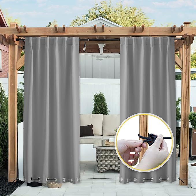 NICETOWN 2 Panels Gazebo Curtains Outdoor Waterproof & Windproof, Top and Bottom Grommet with Back Tab Wind-Break Outdoor Dividers Blackout Blinds with Fixed Rope for Patio, W52 x L108, Silver Grey