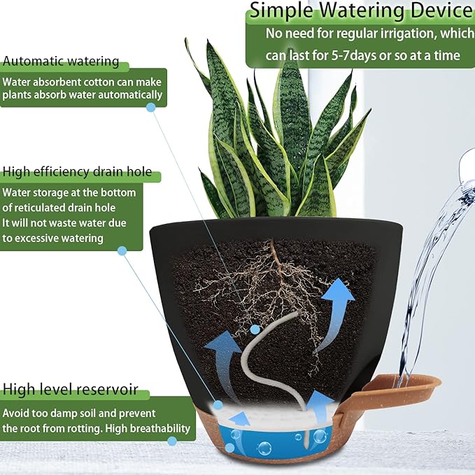 Self Watering Planters with Drainage Holes Reservoir,Nursery Planting Pot for Indoor Decor Garden Plants Succulents,Snake Plant, African Violet,Plastic Flower Pots Set 7+6.5+6+5.5+5 Inch (Black)