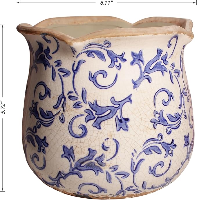 Retro Distressed Ceramic Flower Pots, Antique Crackle Glaze Planters with Drainage for Indoor Plants, Blue and White Chinoiserie Pottery Vase for Living Room Balcony Office Decor, Gardening Gifts