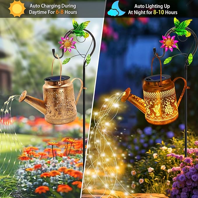 Solar Lanterns Outdoor Waterproof, Hummingbird Watering Can Garden Decor, Hanging Solar Path Lights Yard Art, Outside Patio Decoration Gardening Christmas Gift for Mom Grandma Women with Shepherd Hook