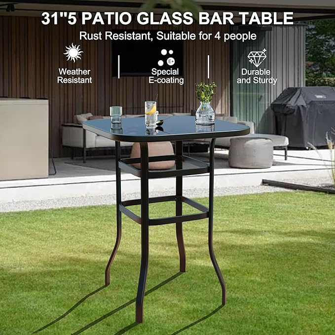 5 PCS Outdoor Bar Set with Outdoor Bistro Table and Chairs Set of 4, Bar Height Outdoor Dining Set, All Weather Mental Textilene High Swivel Bar Stools Chair Set of 4 and High Glass Bar Table