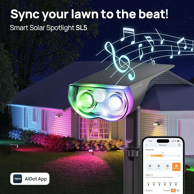 Linkind Smart Solar Lights Outdoor SL5 with Motion Sensor, APP Control Color Changing Solar Spot Lights Outdoor, St. Patrick's Day Decorations, IP65 Landscape Lighting for Yard, Garden, Path(2 Pack)