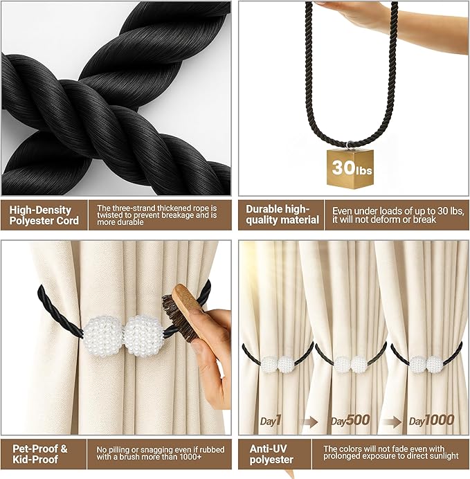 Hion Magnetic Curtain Tiebacks Black 2pcs, Curtain Tiebacks Buckles Holdbacks Holders Hooks Clip for Home Bedroom Office Decorative Curtain