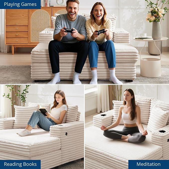 GarveeHome 60-inchOversized Chaise Lounge Chair Indoor, Comfy Corduroy Lounge Sofa with Charging Station, Cup Holders & Throw Pillows, Cozy Sleeper Couch for Living Room Apartments, Beige