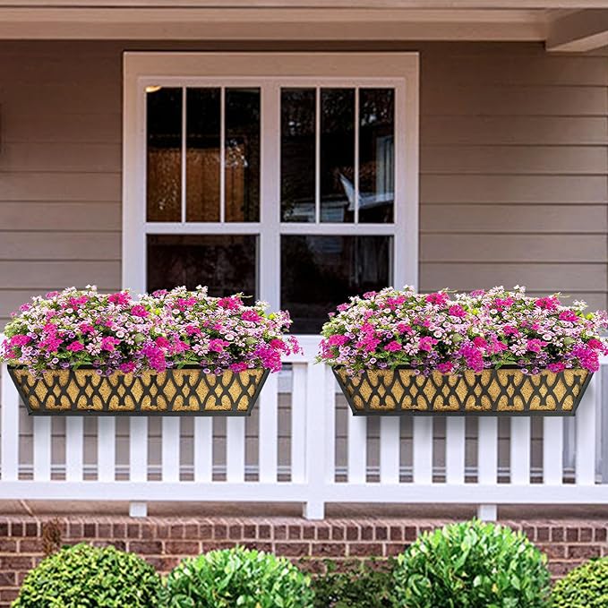 2 Pack 16 Inch Window Boxes Planters Railing Planter Box with Adjustable Brackets for Porch Fence Patio Balcony Hanging Flower Baskets with Coco Liners for Outdoor Garden Decor - Black