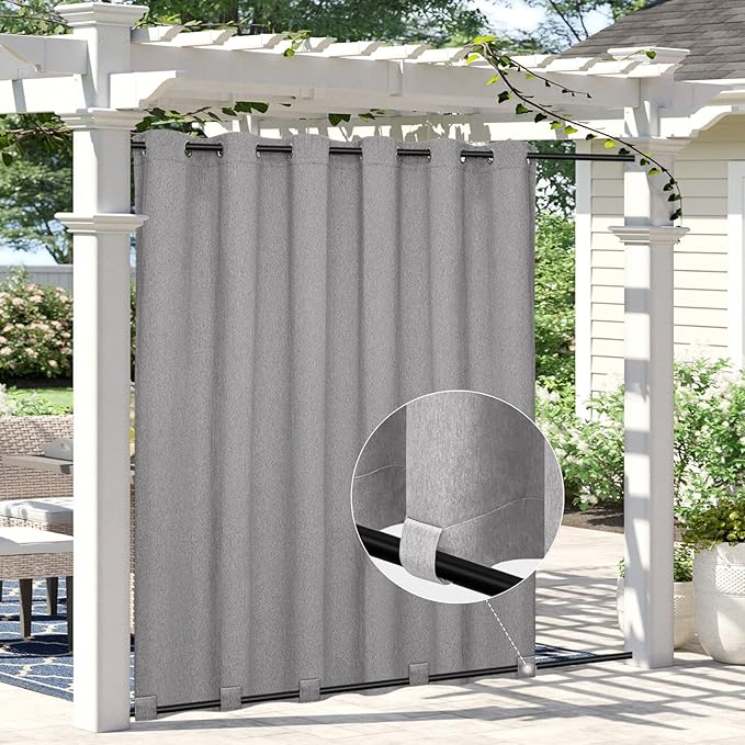 Easy-Going Linen Look Outdoor Curtains Waterproof Windproof Porch Curtains, Soft Thicken Outdoor Privacy Curtains for Patio, Gazebo, Grommet Top and Tab Bottom Drape, 1 Panel, 110x108 inch, Grey