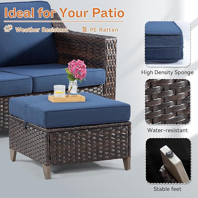 Joyside Patio Ottoman Set of 2, All Weather Outdoor Rattan Ottomans Patio Footstools with Removable Cushions for Garden Backyard Porch (Blue)