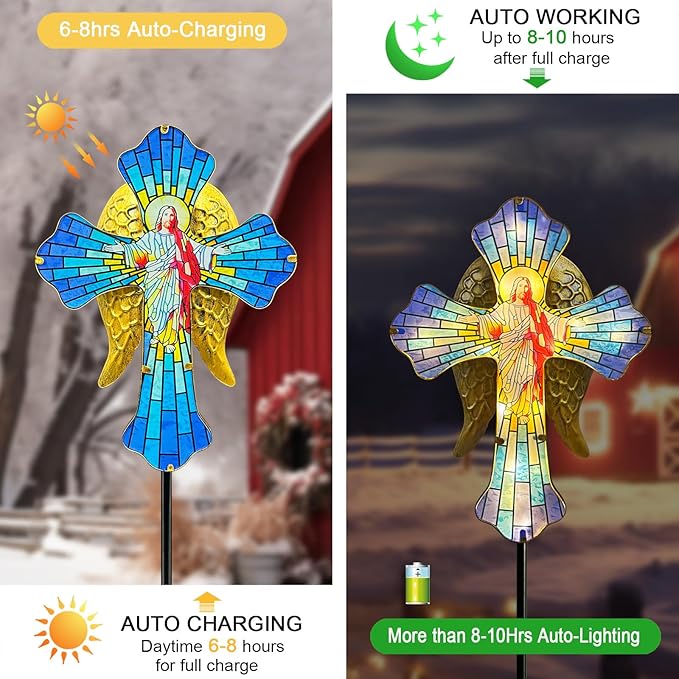 Solar Jesus Cross for Gemetery Graver,Golden Angel Wings,Grave Decorations for Cemetery,Sympathy Memorial Gifts,Christmas Yard Decor Outdoor