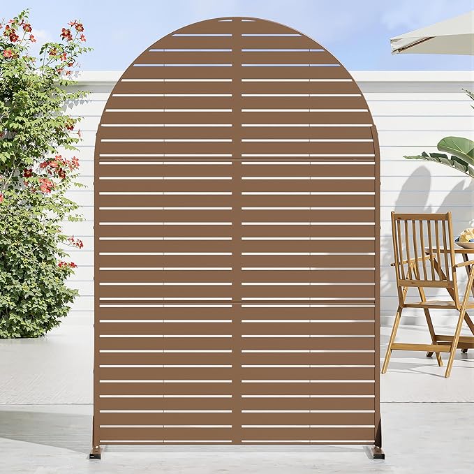Casaphoria 72" H x 47" W Arched Metal Privacy Screen - Elegant Freestanding Outdoor Screen for Deck, Patio & Balcony - Versatile Decorative Privacy Panels for Home & Garden Use (Brown-Louvered)