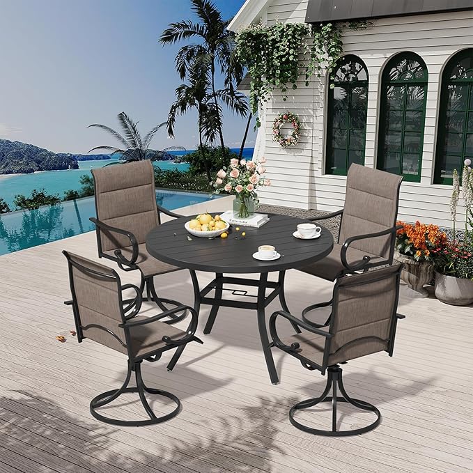 MELLCOM 42'' Round Outdoor Dining Table for 4, Metal Patio Dining Table with Umbrella Hole, All-Weather Black Table for Porch, Garden, Backyard, Poolside, Lawn