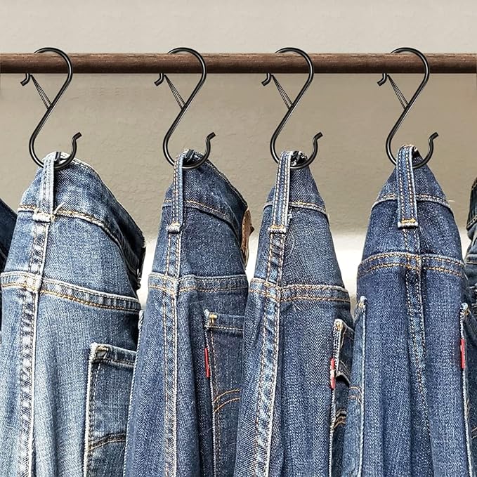 32 Pack S Hooks for Hanging, 3.5 inch Heavy Duty Metal S Hooks with Safety Buckle S Shaped Hooks Pot Rack Closet Hooks for Hanging Plants, Clothes, Kitchen Utensil, Pots, Pans, Bags (Black)