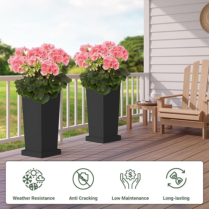 Tall Outdoor Planters Set of 2, 26 inch Tall Planters for Outdoor and Indoor, Metal Tapered Pots with Drainage Holes & Insert Shelves & Trays for Porch, Garden, Patio, Yard