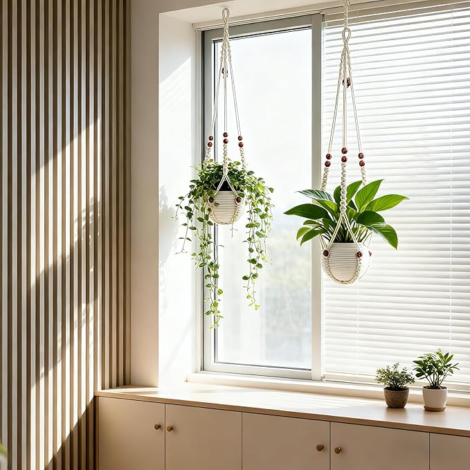 35 Inch Macrame Plant Hanger, Large for up to 15 Inch Pot Extra Long Hanging Planter Holder Basket with Wood Beads for Indoor Outdoor Home Decor (Ivory, 2-Pack)