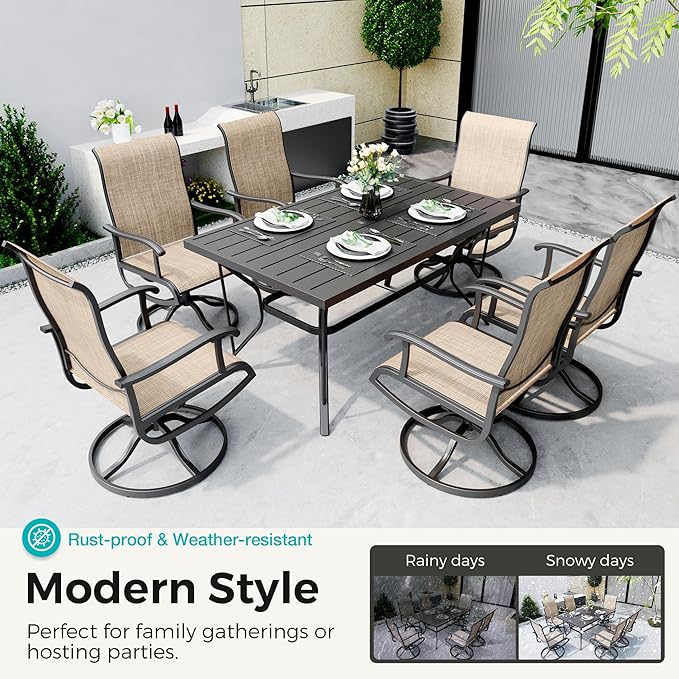 Pamapic 7-Piece Patio Dining Furniture Set with Swivel Chairs, Outdoor Table & 6 Textilene Chairs for Garden, Backyard, Pool, Deck, Beige