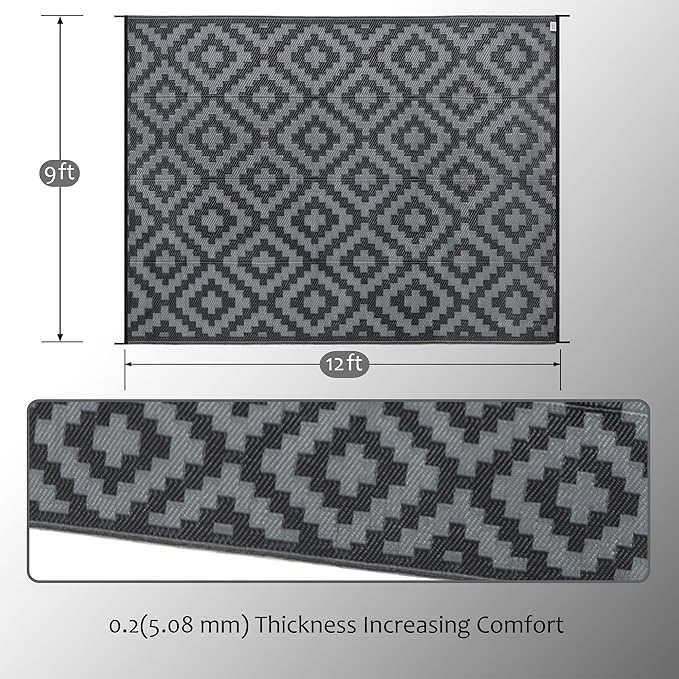 SAND MINE Waterproof Outdoor Rug 9x12 ft, Plastic Reversible Rug, Modern Area Rug, Large Floor Mat for Outdoors, RV, Patio, Backyard, Deck, Picnic, Beach, Camping, Black Grey Lattice