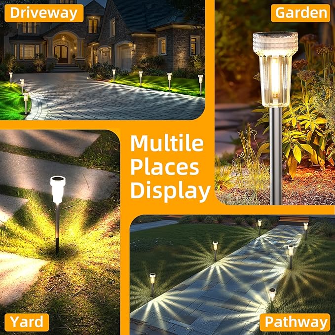 DERAYSION 12 Pack Solar Pathway Lights Outdoor, Auto Dusk-to-Dawn Landscape Garden Lighting, Waterproof Stainless Steel Pole Lighting for Path, Yard, Walkway, Garden, Driveway