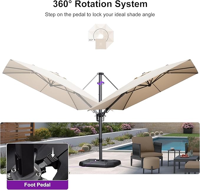 PURPLE LEAF 9' X 12' Right-left Tilt Patio Umbrella with Base Outdoor Cantilever Swivel Rectangle Umbrella Aluminum Offset Umbrella with 360-degree Rotation for Garden Deck Pool Patio Beige