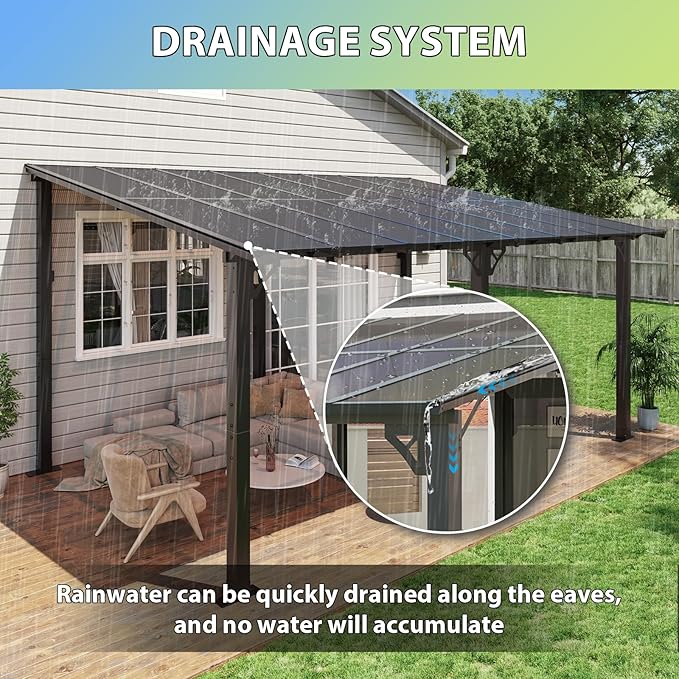 Aoxun 16'x 10' Premium Gazebo with Aluminum Top Frame & Polycarbonate Panel, Wall Mounted Gazebos Pergola, Outdoor Patio Lean to Gazebo, Awnings with Sloped Roof, for Backyard, Porch, Deck
