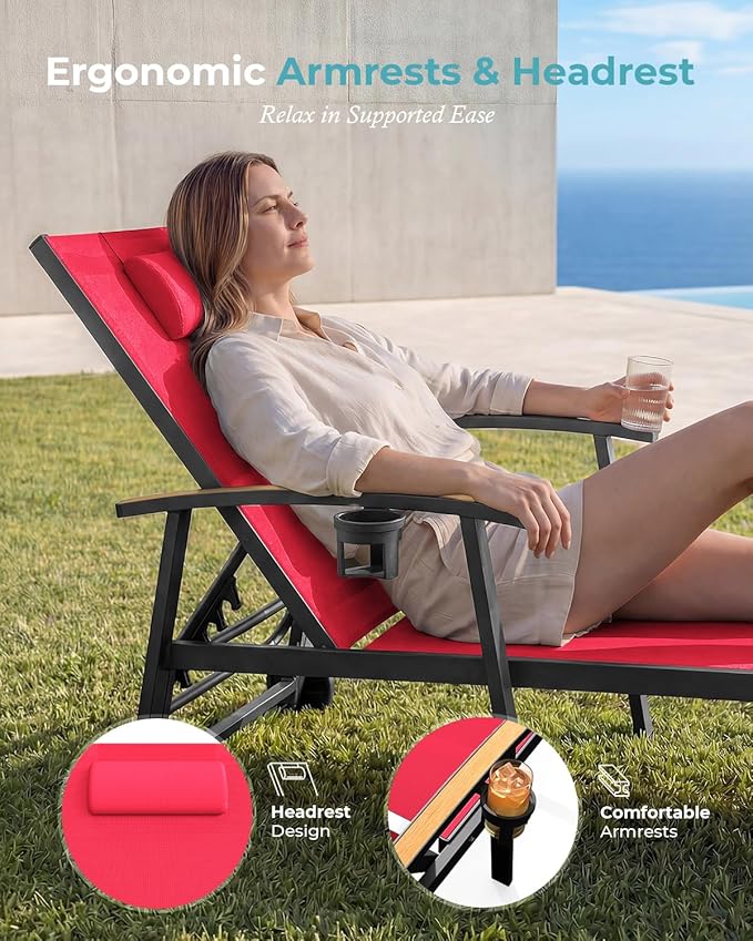 Ciokea Outdoor Lounge Chair with Pillow, 5-Position Aluminum Chaise Lounge with Wheels & Armrests, 400 lbs Heavy Duty Patio Pool Chair for Deck, Backyard, Beach & Poolside, Red