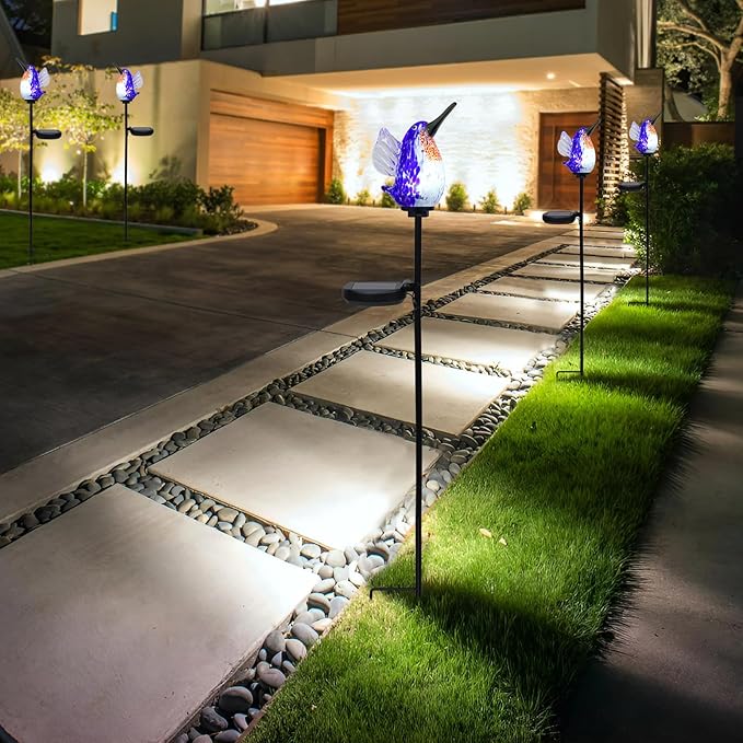 Bshine Solar Garden Decoration Outdoor Hummingbird Lights Stake, Hand Blown Glass Waterproof Solar Light Decorate Paths, Pathways, Lawns and Yards Art for Mom Gifts