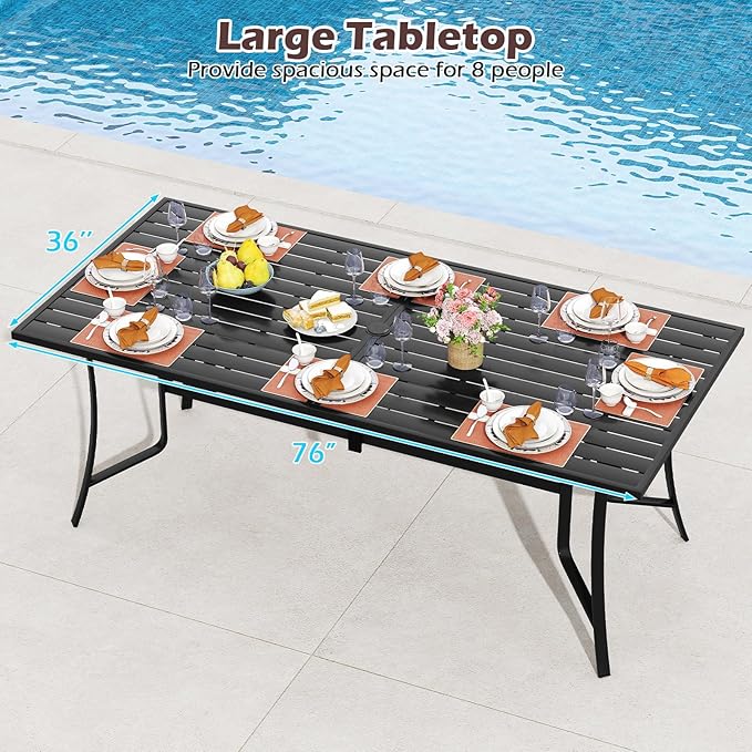 Tangkula 76" x 36" Metal Patio Dining Table for 8, Rectangle Heavy Duty Outdoor Dining Table with Umbrella Hole, 8-Person Outside Dining Furniture for Porch, Garden, Balcony and Backyard