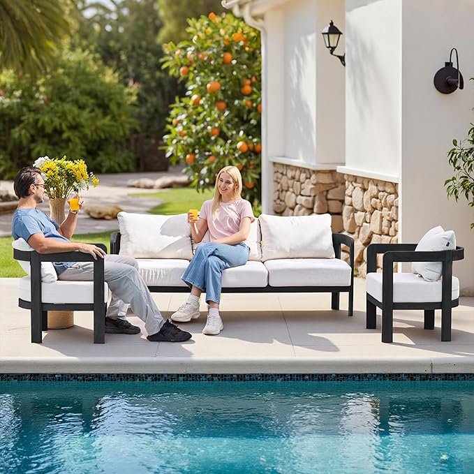 Outdoor Furniture Set, Metal Patio Conversation Set with 6" Thick Cushions, Outdoor Couch Sofa and Patio Chairs Set for Backyard Porch Balcony, White