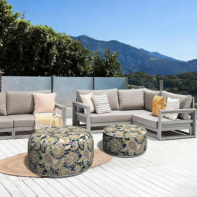 LVTXIII Outdoor Inflatable Ottoman, Fade-Resistant Round Footrest Stool D31”x H14”, Portable Patio Pouf for Garden Camping or Home Use, Paisley Sapphire Blue