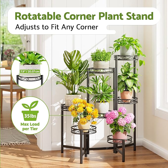 Metal Plant Stand, 7 Tier Tall Wrought Iron Plant Shelf Holder for Indoor, Outdoor Folding Tall Display Rack Flower Pot Stand for Corner Office Balcony Patio - BlackCircle