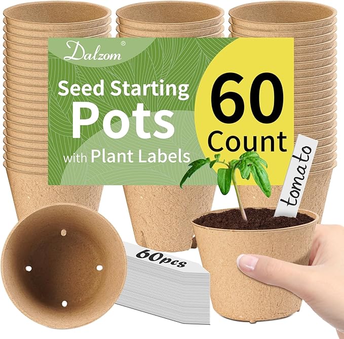 Dalzom® 60Pcs 4” Peat Pots with 60Pcs Plant Labels, Biodegradable Pots for Seedlings with Drainage Holes, Garden Plant Nursery Pots Seed Starting Trays