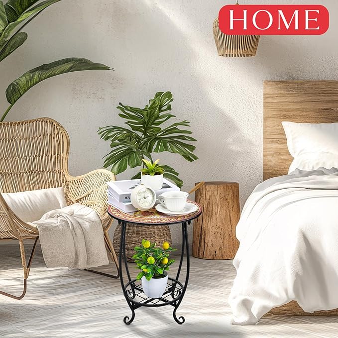 Outdoor Side Table Round Small Mosaic Patio Accent Indoor End Plant Coffee Tea Table for Yard Patio Porch Garden Living Room, Bedroom(Mandala B Style,14 Inch)