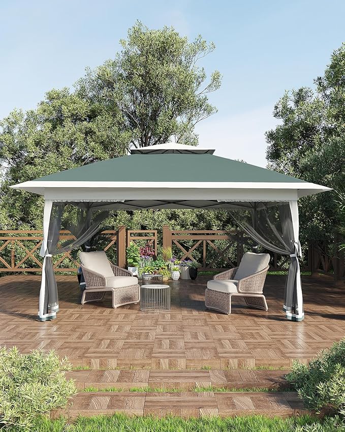 Canopy Tent 12x12 ft, Pop Up Gazebo One-Push Setup with 4 SandBags for Backyard Parties and BBQs, Mosquito Netting & Height Adjustable - Green