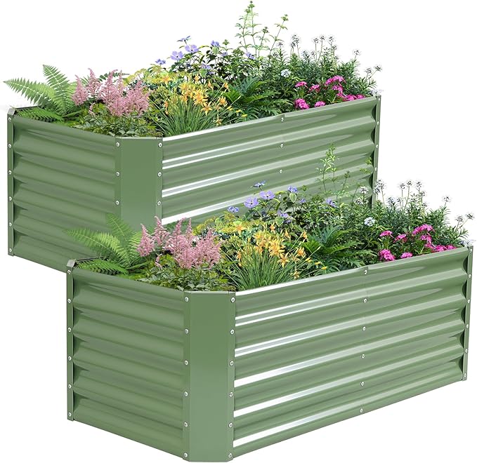 Galvanized Raised Garden Bed - 4x2x1.4ft (2Packs) Metal Garden Planter Box Outdoor | Steel Raised Bed Kit with Bracing Rods, Gloves for Gardening Vegetables Fruits and Flowers