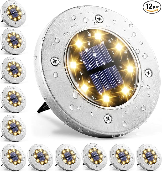 GIGALUMI Solar Ground Lights - No-Drill Fence Lighting Solution, Waterproof Perimeter Lights Compatible with Wood, Metal & Concrete Fences (12 Pack Warm White)