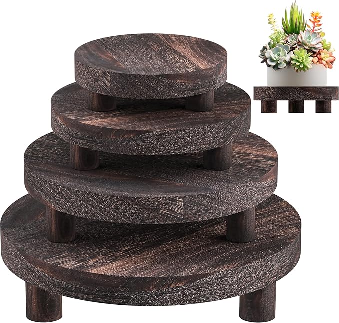 Wood Plant Stand Indoor Outdoor, 12/10/8/6" Round Wood Riser for Decor, Wooden Stool Display Stand Flower Pot Holder Small Planter Tray Modern Potter Decorative for Desktop Counter Room