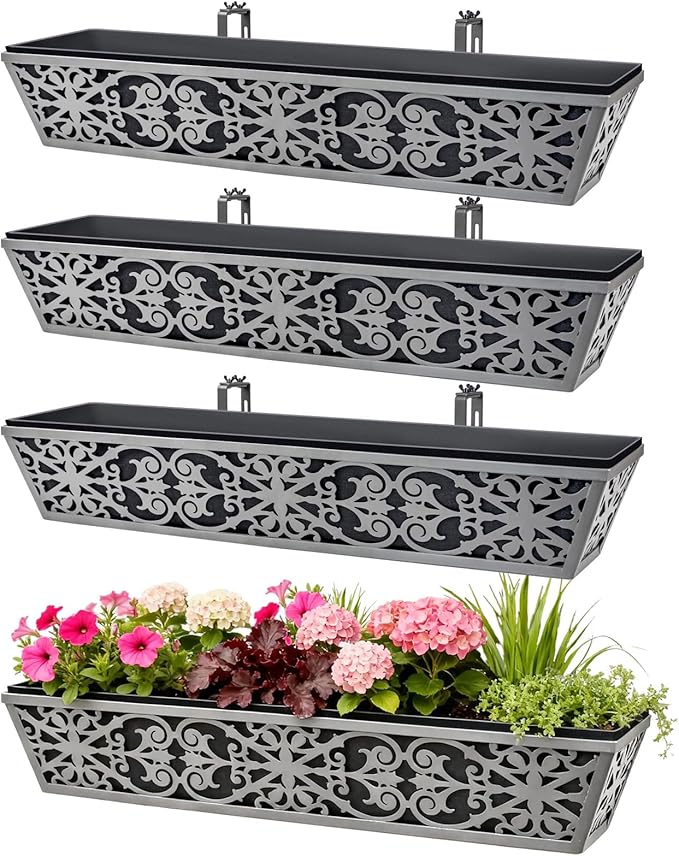 4 Pack 30 Inch Window Boxes Planter for Outdoor Plants Deck Railing Planters Box with Adjustable Brackets for Porch Fence Balcony Hanging Flower Baskets with Non-Woven Fabric Liner for Garden Décor