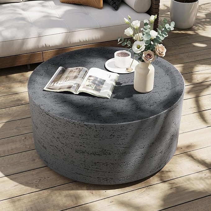 UPHA Outdoor Round Coffee Table, Small Modern Minimalist Accent Tables, Low Light Concrete Center Table for Living Room, Outside Patio, Deck, 28×28×13, Dark Grey