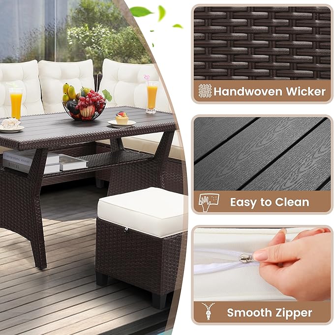 KROFEM6-Piece Patio Furniture Set, Outdoor Sectional Sofa with Dining Table & Chairs, All-Weather Dining Set with Removable Cushion Covers, Ideal for Garden, Porch, Backyard, White