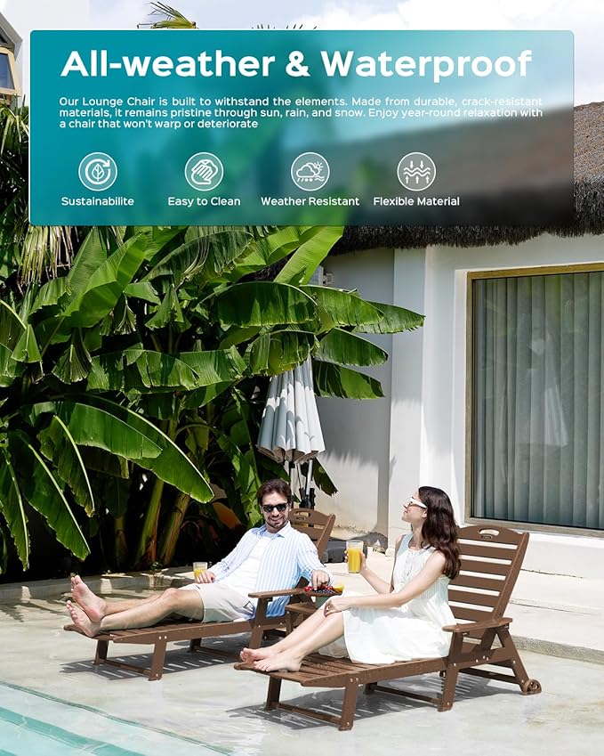 Ciokea Outdoor Chaise Lounge Chair Set of 2, Patio Lounge Chairs for Outside, HDPE Lounge Chairs with Wheels & Cup Holder, Poly Lounge Chair with 5 Position for Poolside, Deck, Dark Brown