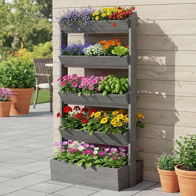 DoCred Vertical Wooden Raised Garden Bed, 5 Tier Upgraded Garden Planters Freestanding Wood Plant Stand Flower Rack Wooden Planter Box for Plants Herbs Flowers Vegetables Outdoor Indoor