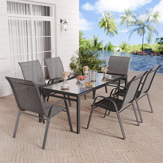 Betterhood Patio Chairs Set of 2, Stackable Outdoor Dining Chairs Set with Breathable Seat Fabric, All-Weather Powder-Coated Metal Frame for Deck, Pool Side and Backyard, 350LBS Capacity (Grey)