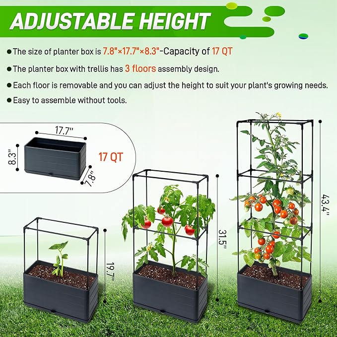 2 Packs Raised Garden Bed Tomato Planter Box with Trellis, 43.4" Self-Watering Tomato Cage with Rectangular Trellis for Climbing Plants, Flowers, Vegetables, Vine in Patio Garden Indoor Outdoor