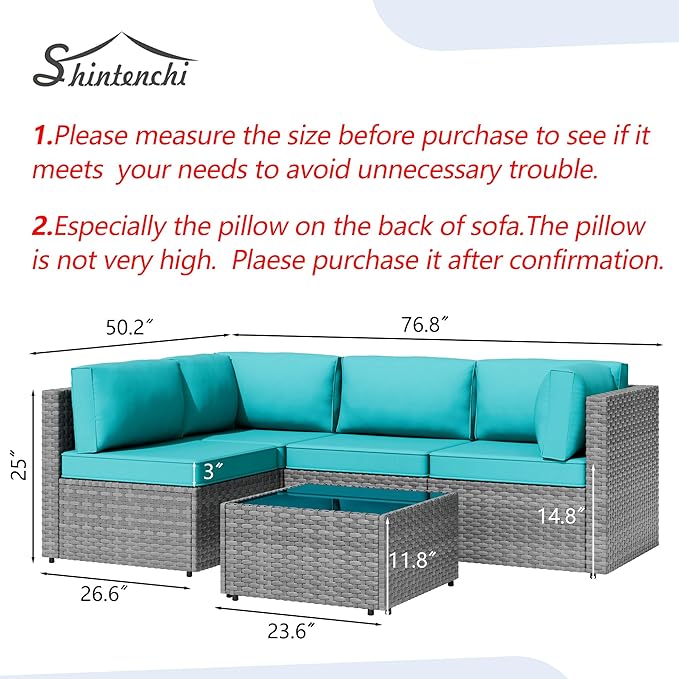 Shintenchi 5 Pieces Outdoor Patio Furniture Sets, Patio Sectional Sofa Couch, Gray PE Wicker Furniture Modular Patio Conversation Sets Patio Sofa with Washable Cushions & Table（Blue）