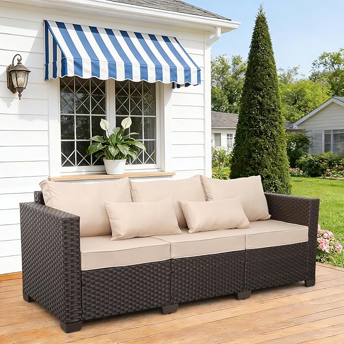Outdoor Furniture Couch 3 Seater Sofa Outdoor Brown Wicker Sofa Deep Seat High Backrest Patio Couch with Non-Slip Cushions Waterproof Cover, Khaki